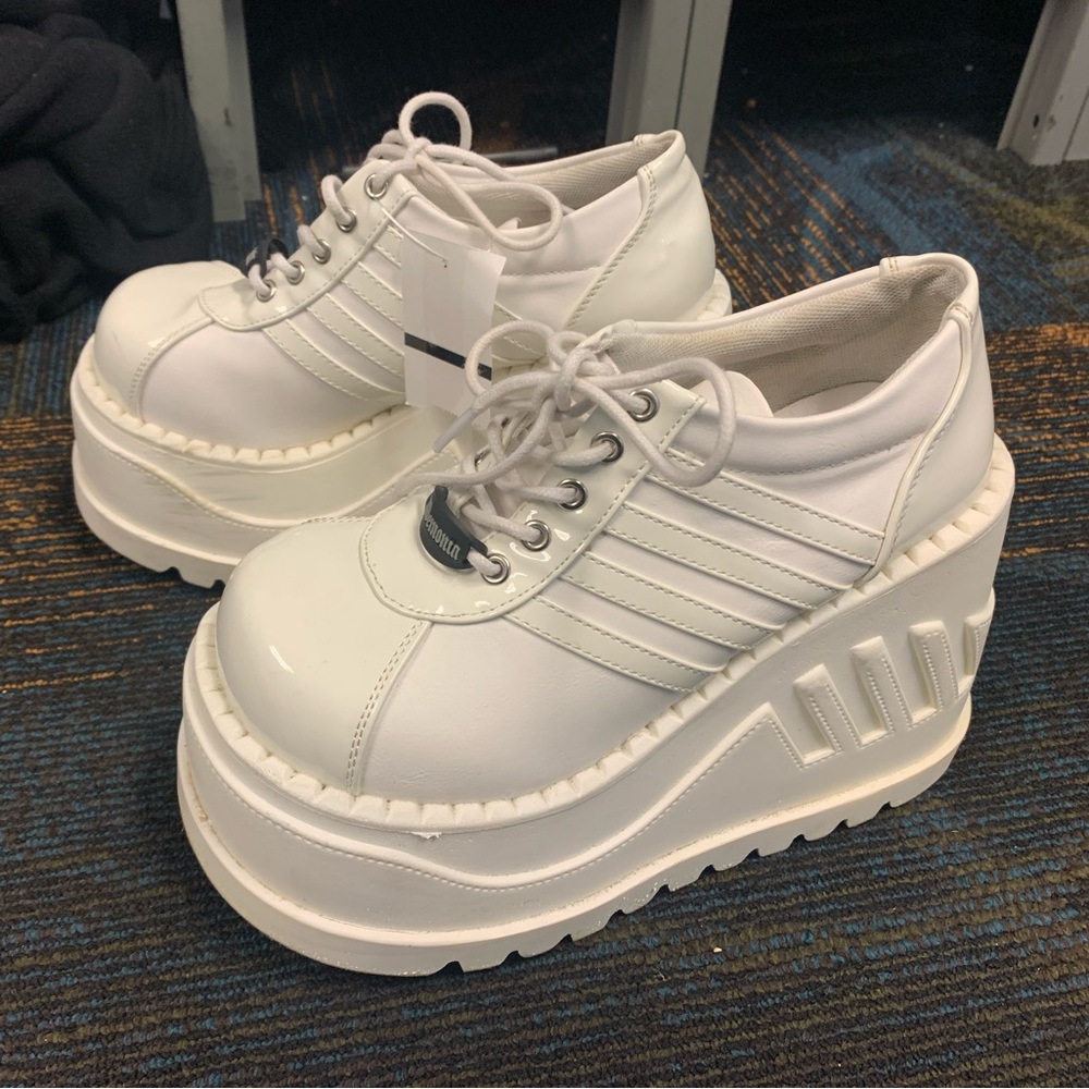 white shiny Demonias. size 7. barely worn.